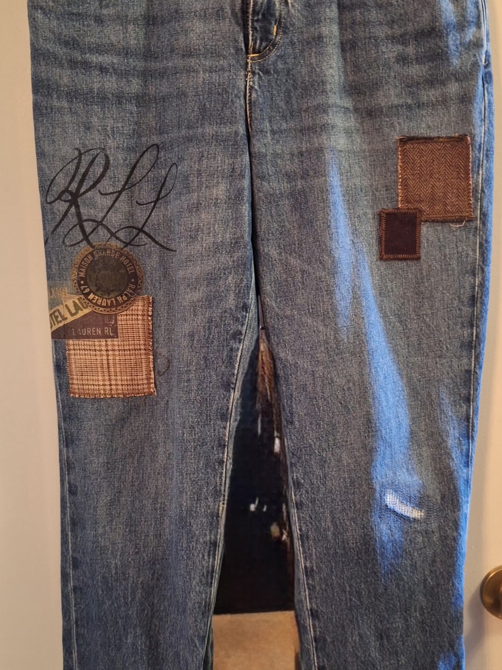 Ralph Lauren Women's Straight Jeans with Brown Patchwork on Blue Denim